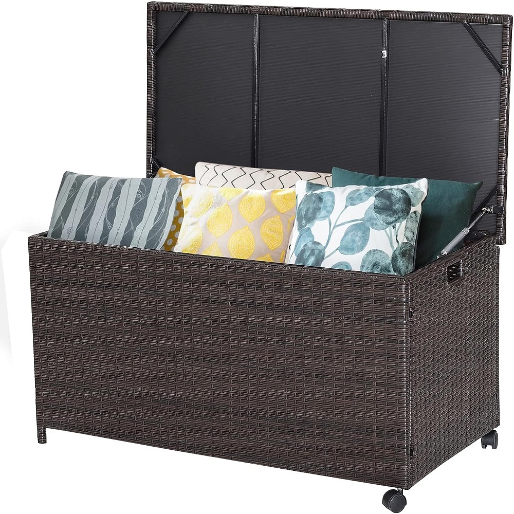 WYHS-T293 Mix Brown Rattan Deck Storage Box, Patio Rattan Storage Container with 2 Universal Wheels, Safety Pneumatic Rod, Zippered Liner, Sturdy Steel Frame, Ideal for Backyard, Poolside,Patio.